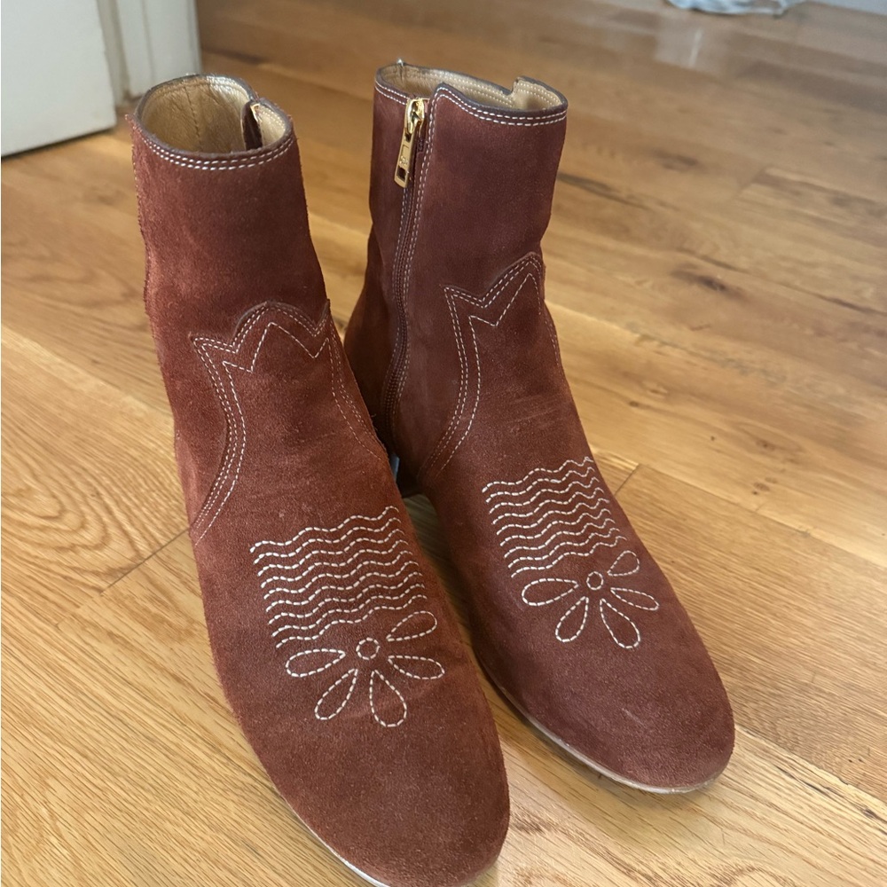 Chloe brown Suede western Boots with Embroidery